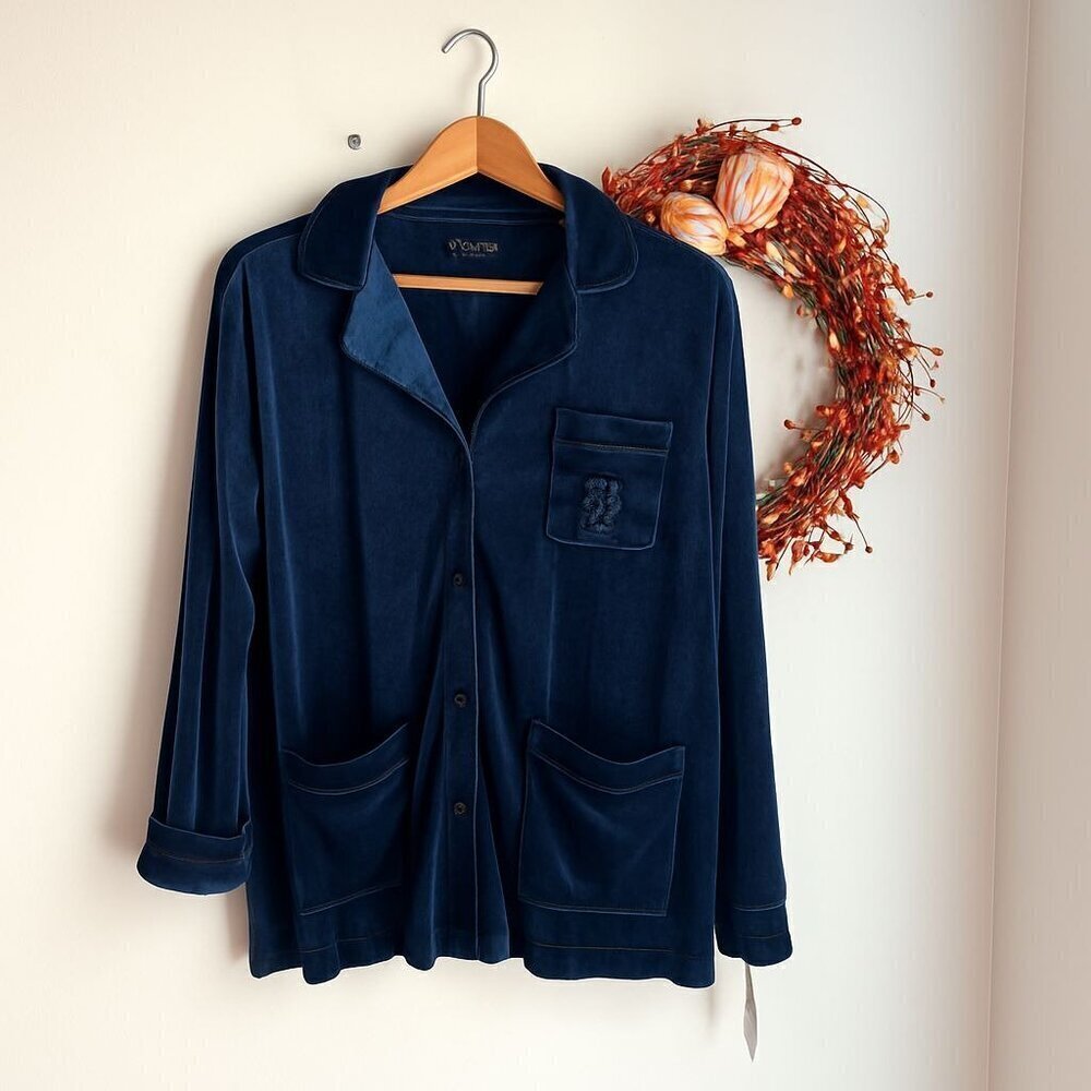 Lauren Ralph Lauren Womens Pajama TOP Embroidered Monogram LARGE Navy Blue